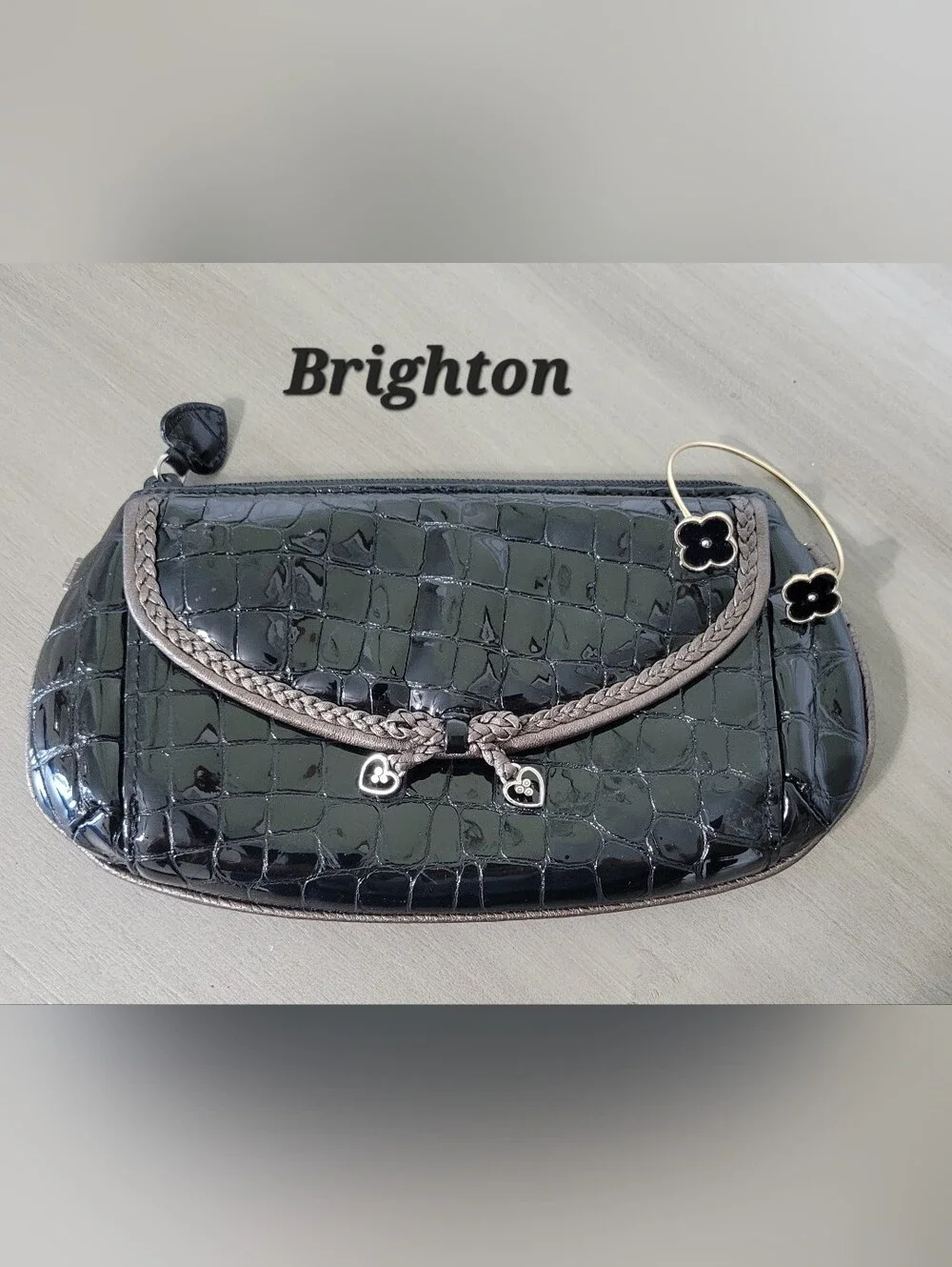 Brighton Black Croc-Embossed Wristlet with Braided Trim and Free Chain